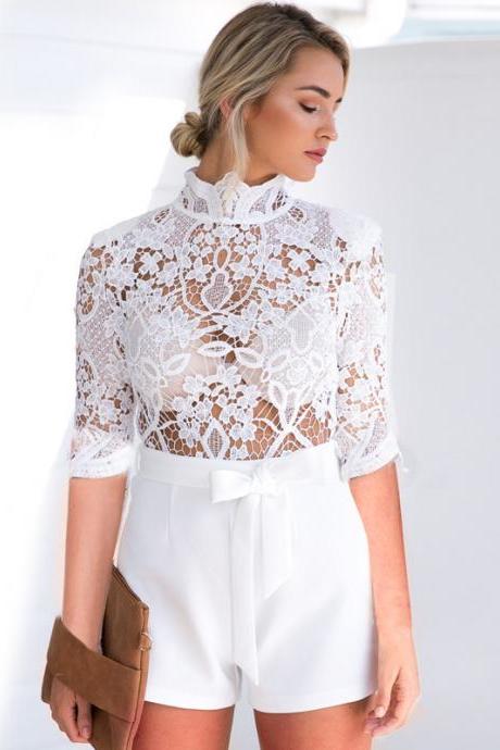 Sexy See-through Lace White Jumpsuits